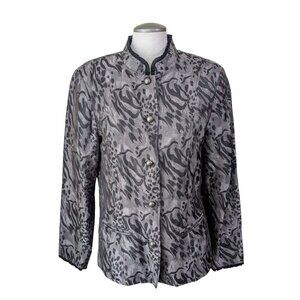 Coldwater Creek Womens Jacket L Metallic Gray Black Animal Print Ruffle Trim
